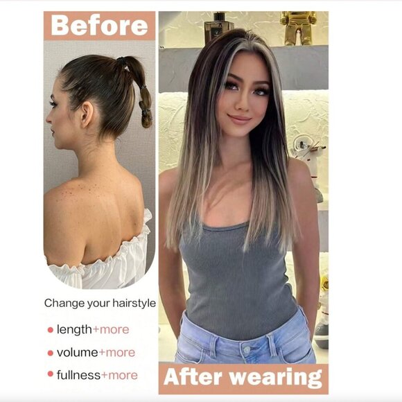 Ombre Brown & Blonde Straight hair Clip in Long Hair Extensions 22 in Set - Picture 9 of 11